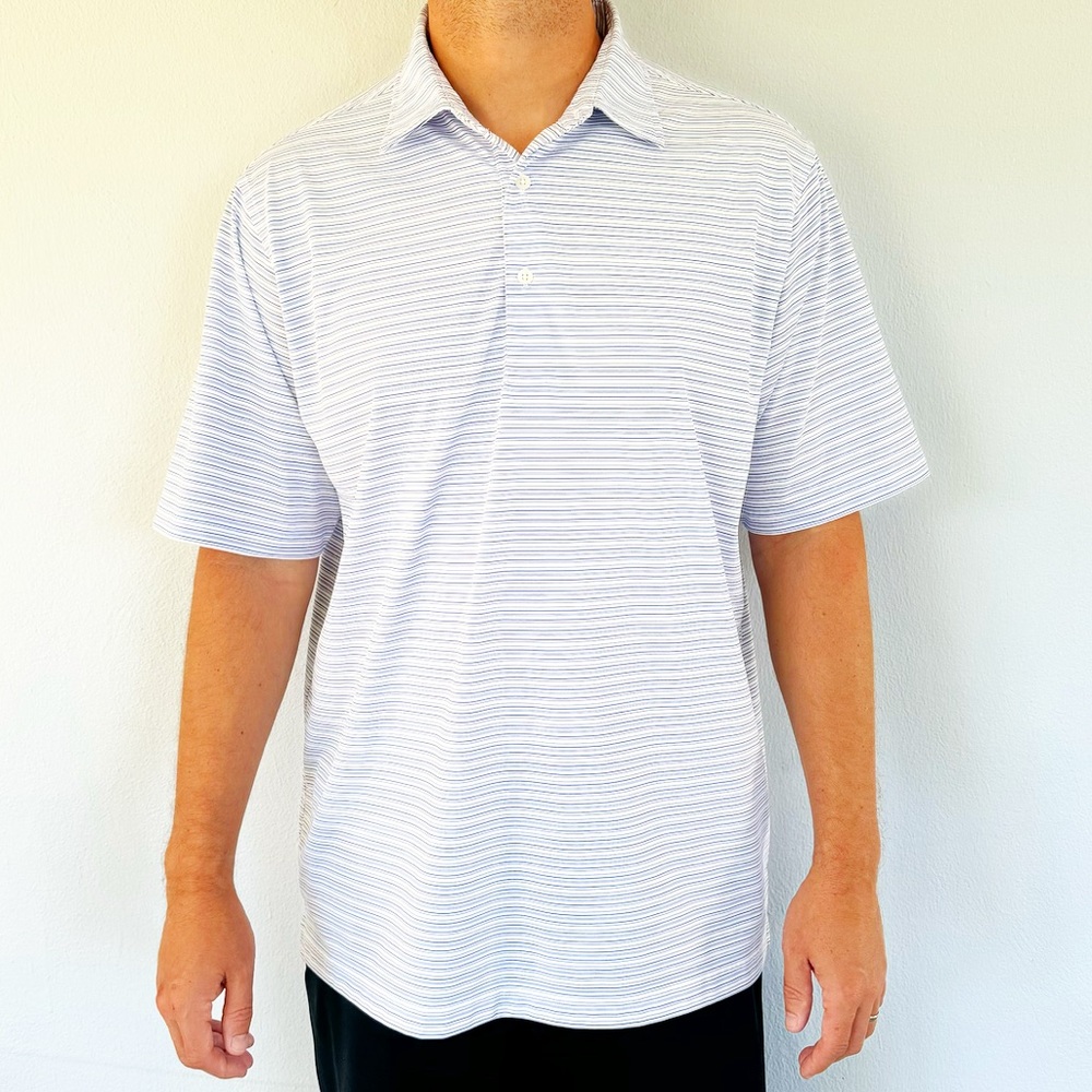Donald Ross blue white stripe performance stretch golf polo shirt size large